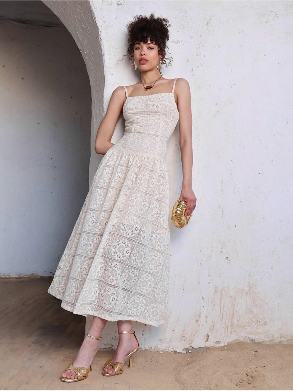 Avec Les Filles Cream Lace Maxi Dress with Spaghetti Straps - Picture 4 of 6